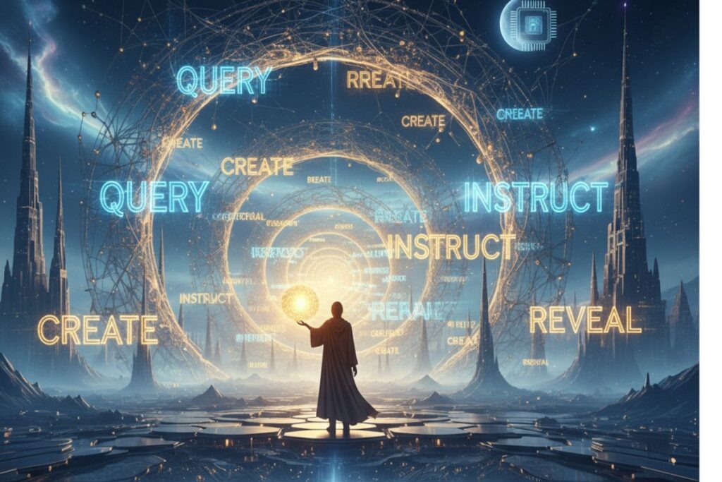 Futuristic scene with a central figure holding a glowing orb, surrounded by illuminated words like “QUERY,” “CREATE,” and “REVEAL”—symbolizing the mystical intelligence and transformative power of ChatGPT Prompt Secrets