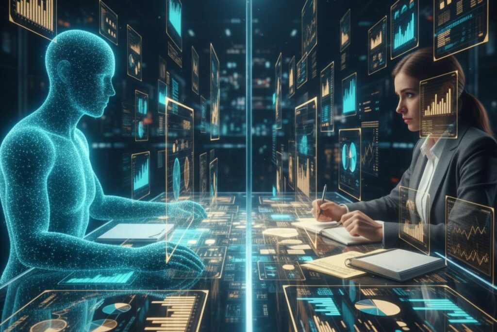 Advanced control room with multiple digital screens and a person interacting with holographic data, illustrating AI for finance in cybersecurity, portfolio management, and intelligent automation.