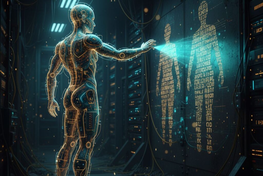 Cybernetic figure engaging with a luminous data interface, symbolizing AI sales intelligence optimizing workflows, automating decisions, and enhancing customer engagement.