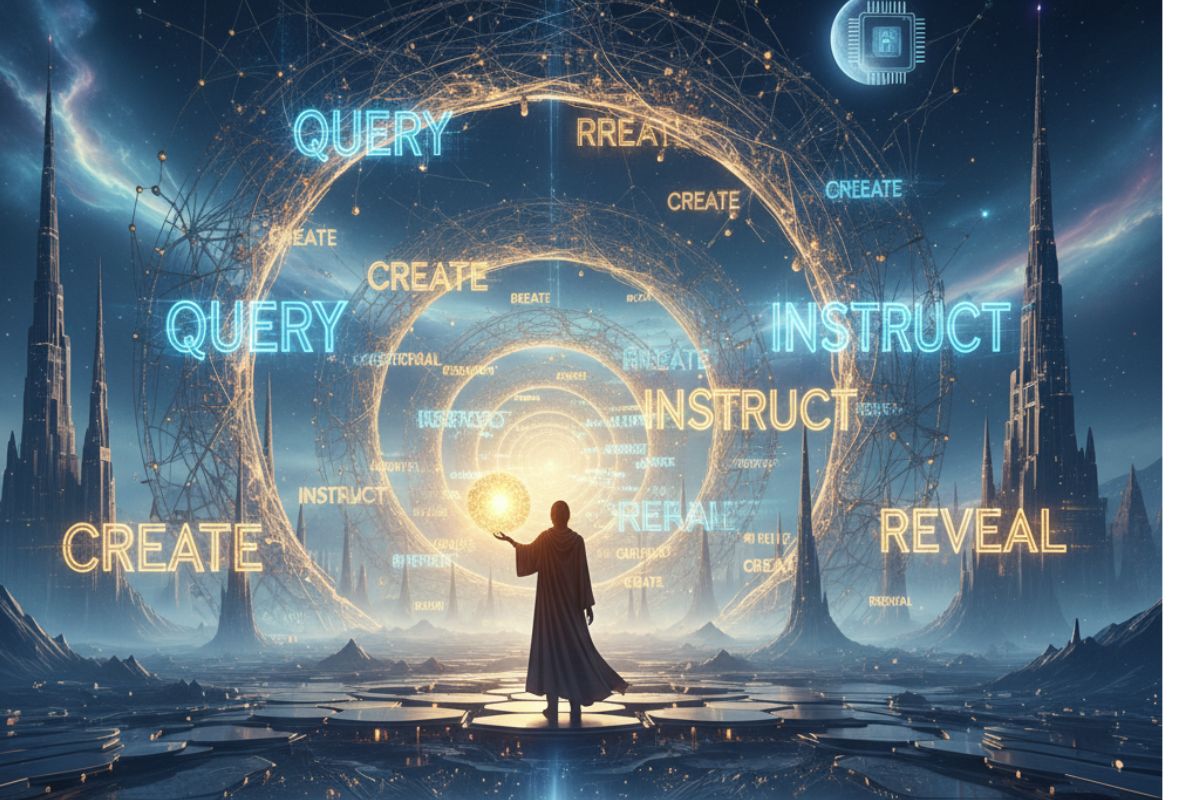 Futuristic scene with a central figure holding a glowing orb, surrounded by illuminated words like “QUERY,” “CREATE,” and “REVEAL”—symbolizing the mystical intelligence and transformative power of ChatGPT Prompt Secrets