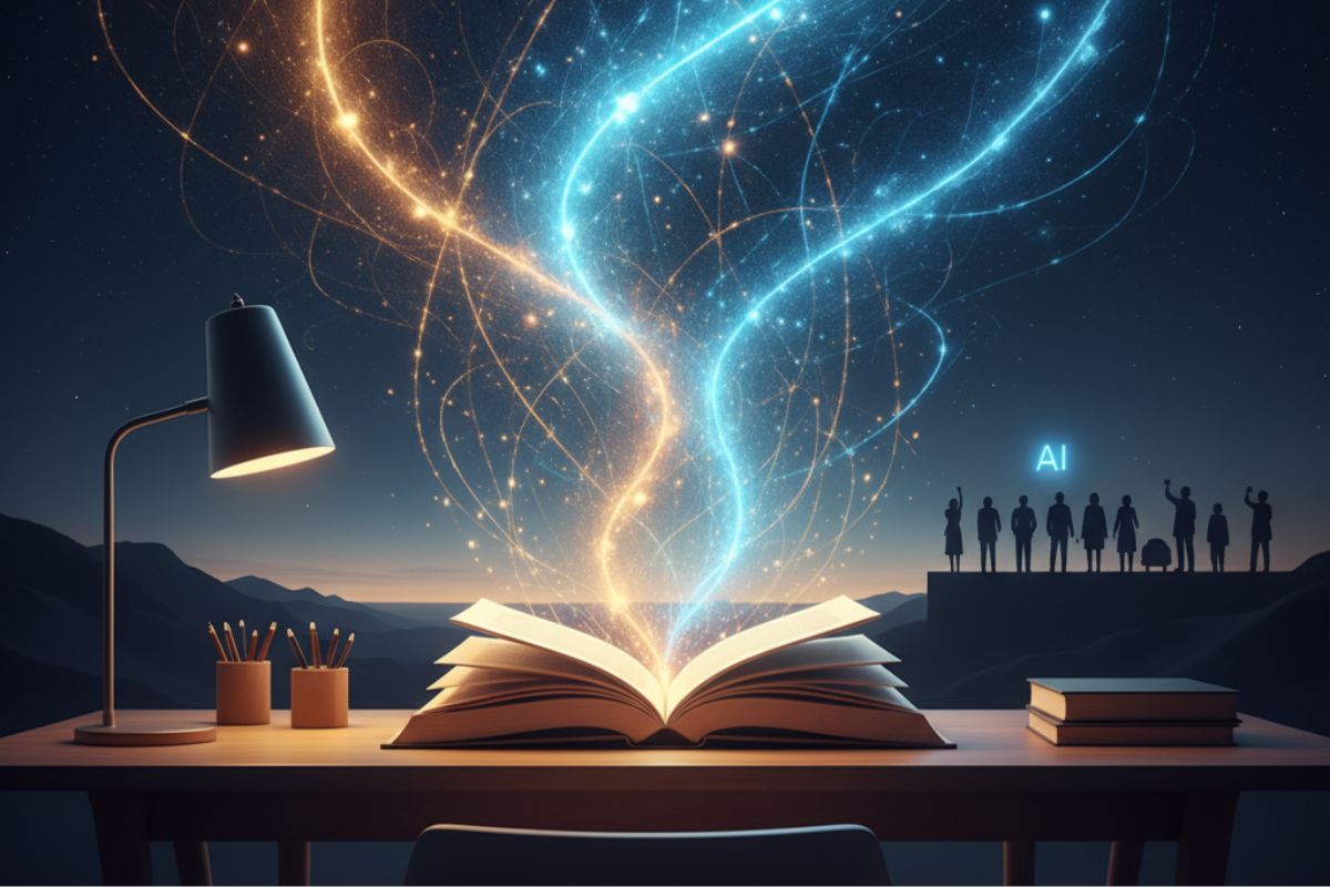 Open book glowing with golden and blue light streams under a starry sky, symbolizing the magical emergence of knowledge and creativity through Claude AI writing."