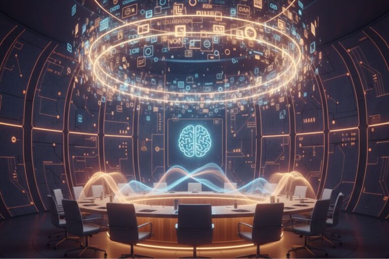 Hands navigating immersive digital interface—depicting user-friendly control and smart action items via Fathom meeting notes and AI meeting assistant."