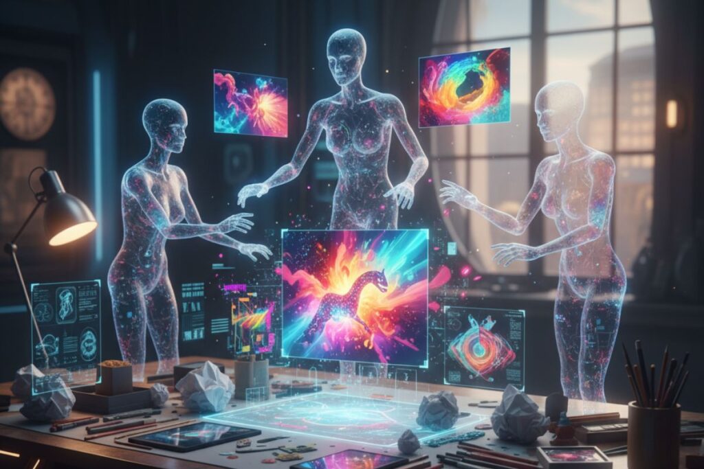 Two translucent humans engaging with digital interfaces and holograms, symbolizing collaboration and futuristic creation with an AI art assistant.