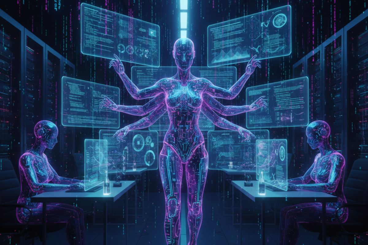 AI-enhanced humanoid multitasking across holographic data displays, representing the power of AWS CodeGuru tutorial tools to automate code analysis, security checks, and continuous improvement.