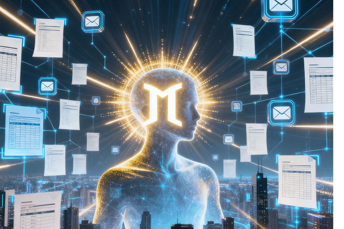 Symbolic representation of Google Gemini features—an enlightened digital mind surrounded by floating AI tools and data streams, illustrating intuitive intelligence and urban tech integration.”