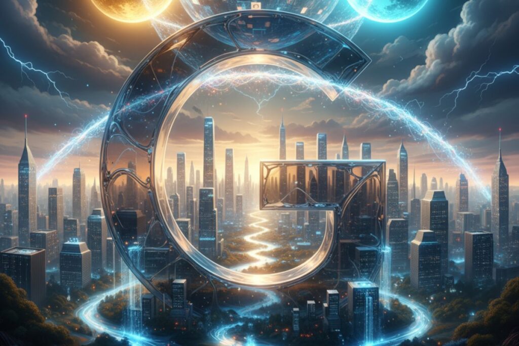 "Advanced cityscape viewed through a circular portal—symbolizing the future of urban tech shaped by Gemini AI updates and digital transformation."