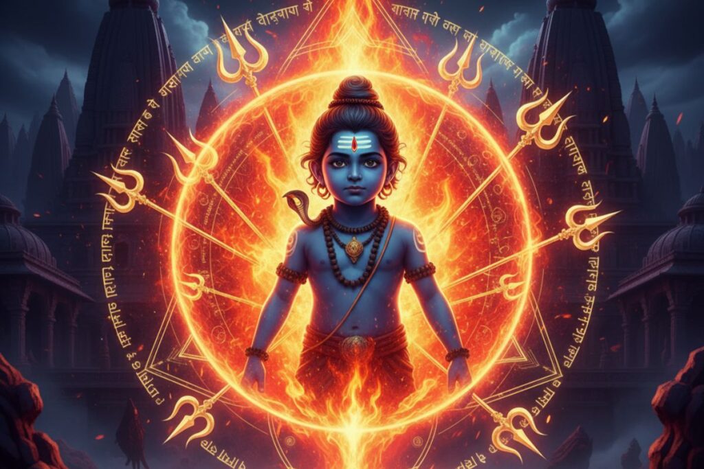 Digital depiction of batuk bhairav bramha kavach hindi—a radiant child deity with crescent moon and third eye, encircled by glowing tridents and Sanskrit script, symbolizing divine protection, tantric power, and spiritual awakening.”