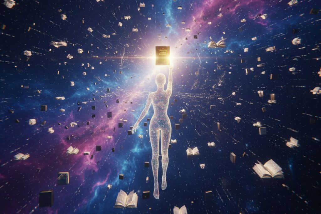 Transcendent figure rising through a digital cosmos holding a radiant cube, symbolizing enlightenment and discovery through an AI academic tool.