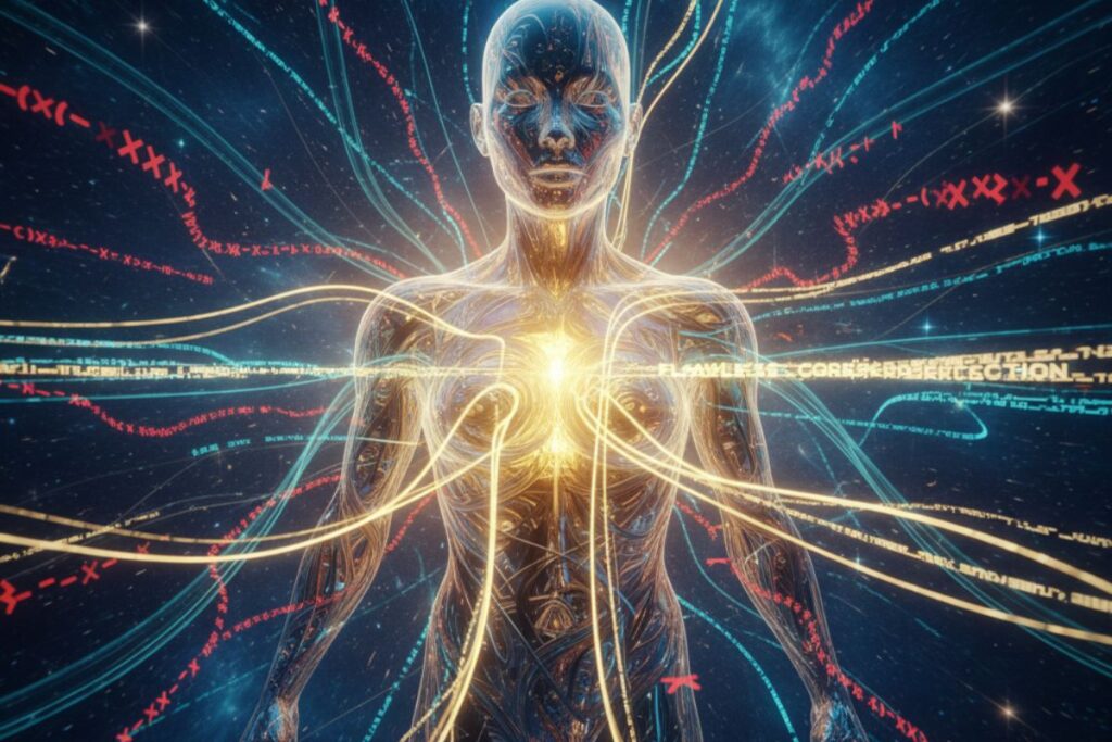 Translucent figure displaying interconnected neural and circulatory pathways, visualizing how AI coding tools integrate seamlessly with human cognition to enhance coding efficiency and awareness.