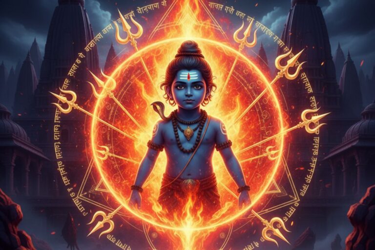 Digital depiction of batuk bhairav bramha kavach hindi—a radiant child deity with crescent moon and third eye, encircled by glowing tridents and Sanskrit script, symbolizing divine protection, tantric power, and spiritual awakening.”