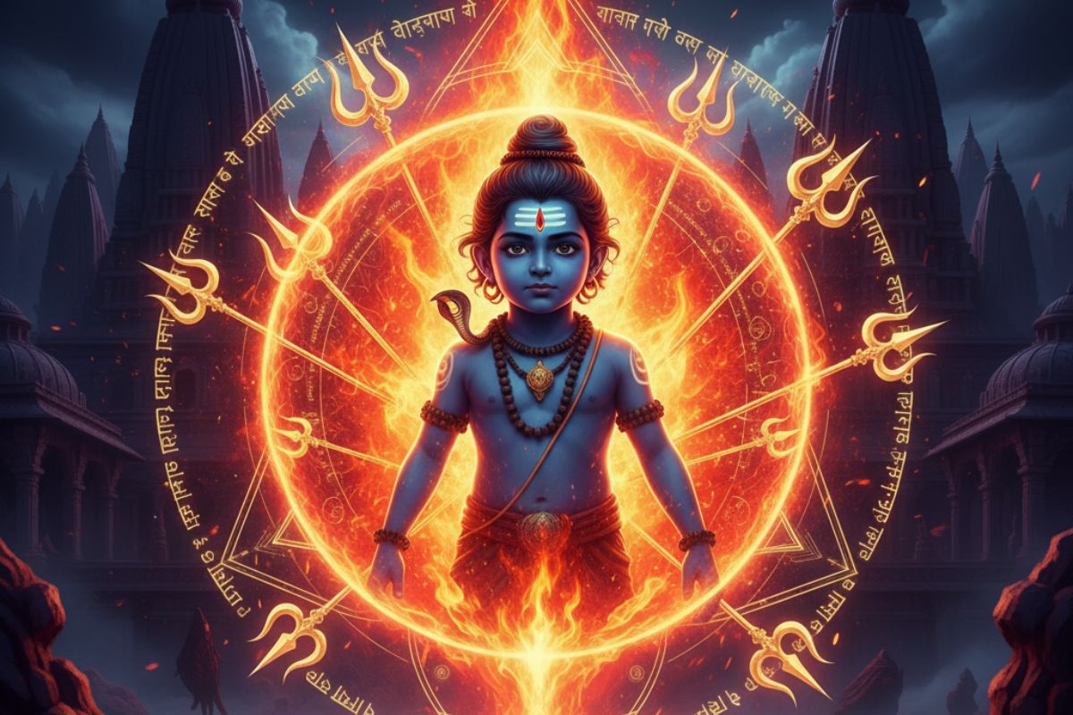 Digital depiction of batuk bhairav bramha kavach hindi—a radiant child deity with crescent moon and third eye, encircled by glowing tridents and Sanskrit script, symbolizing divine protection, tantric power, and spiritual awakening.”
