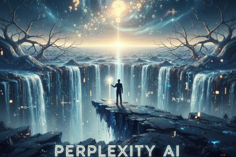 "Surreal landscape with glowing waterfalls, radiant sky orbs, and a lone figure standing on a cliff—symbolizing the mystical journey of discovery and insight through Perplexity AI."