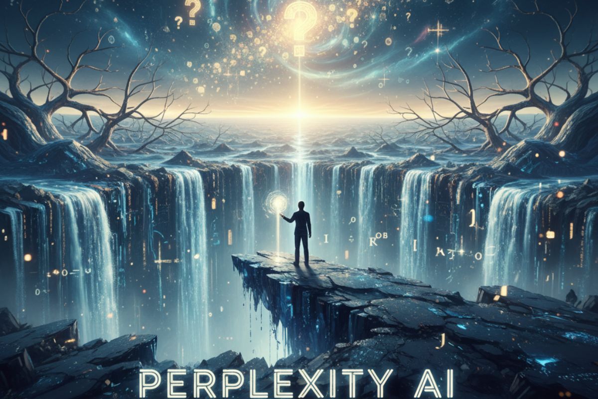 "Surreal landscape with glowing waterfalls, radiant sky orbs, and a lone figure standing on a cliff—symbolizing the mystical journey of discovery and insight through Perplexity AI."