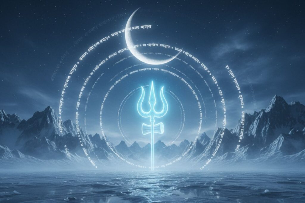 Mystical visualization of shiva ashtak in hindi—a glowing trident emerges from celestial waters beneath a crescent moon, surrounded by radiant energy rings and Himalayan peaks, symbolizing Lord Shiva’s divine power, protection, and the spiritual essence of his eight sacred verses.