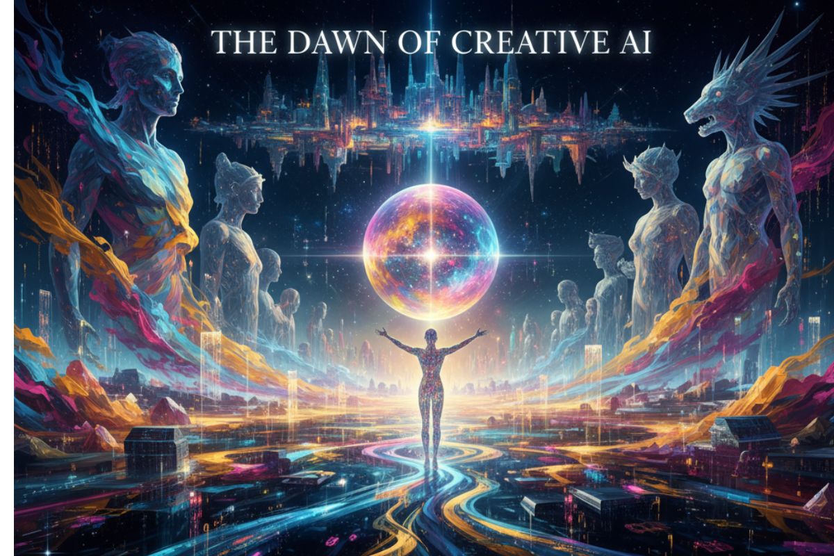 Radiant orb surrounded by cosmic trails with ‘The Dawn of Creative AI’—highlighting innovation in AI artwork creation and viral AI images."