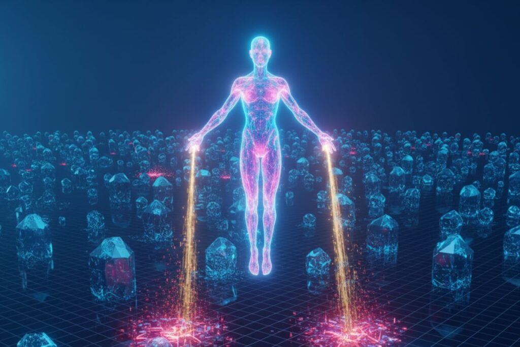 Translucent AI entity channeling streams of light into a crowd, representing AI data validation distributing verified insights, correcting inconsistencies, and enhancing collective accuracy.