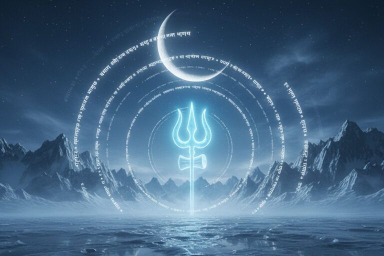 Mystical visualization of shiva ashtak in hindi—a glowing trident emerges from celestial waters beneath a crescent moon, surrounded by radiant energy rings and Himalayan peaks, symbolizing Lord Shiva’s divine power, protection, and the spiritual essence of his eight sacred verses.