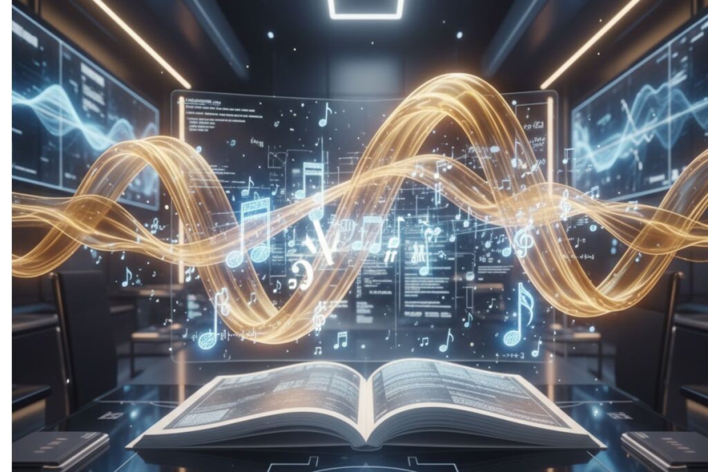 Open book emitting wave-like digital patterns amid floating data screens—symbolizing the fusion of traditional knowledge and AI-powered note assistant technology."