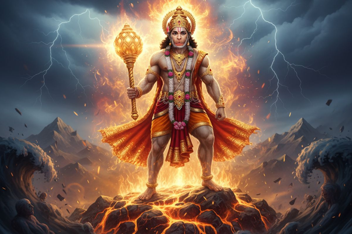 Lord Hanuman standing on a glowing rocky terrain amidst stormy clouds and lightning, holding his golden mace with divine resolve — a powerful visual representation of Sankat Mochan Hanuman Ashtak in hindi, symbolizing protection, strength, and the destruction of obstacles through sacred devotion.