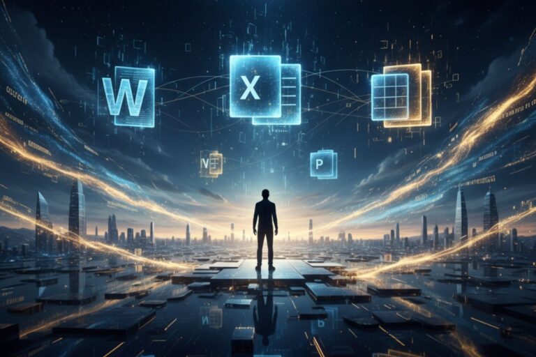 "Figure immersed in a virtual space surrounded by Word and Excel icons—highlighting the immersive workspace experience offered by Copilot AI features."