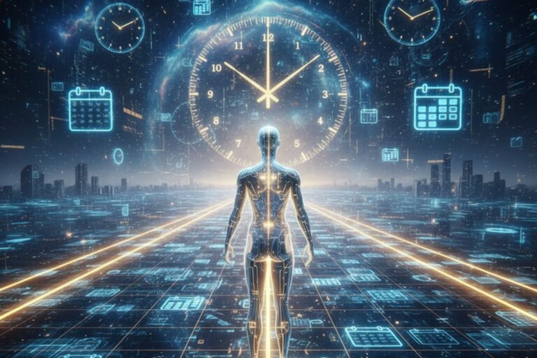 "Humanoid figure facing a globe with clock overlays on a digital grid—illustrating global time coordination and intelligent scheduling via calendar AI tool and automated scheduling assistant."