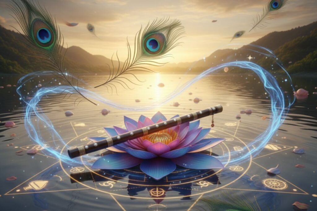 Mystical lotus floating on tranquil waters with a radiant flute and swirling blue energy—symbolizing the divine serenity and poetic essence of Krishna Ashtakam. in hindi"
