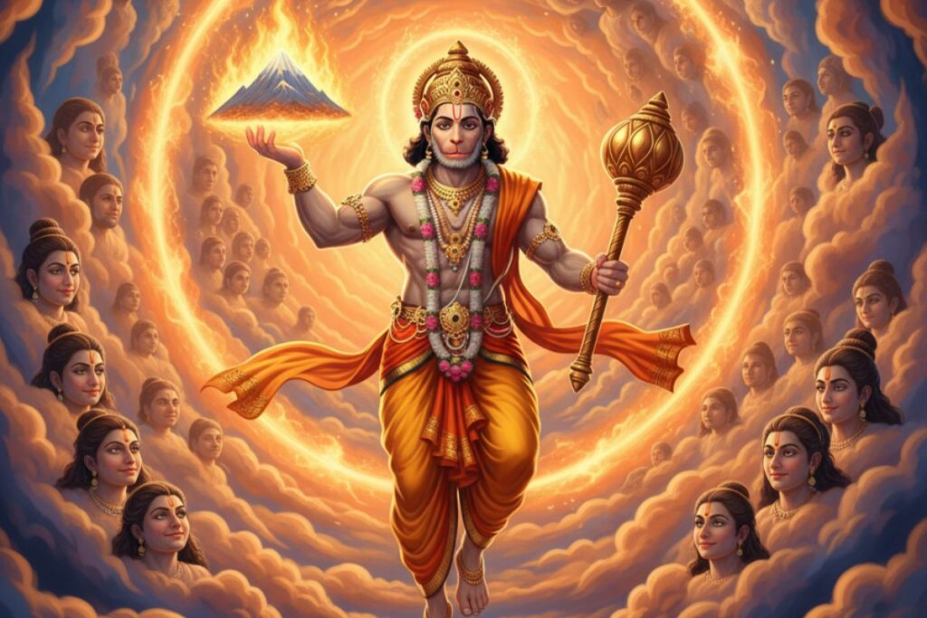 Lord Hanuman soaring through celestial skies, holding the Sanjeevani mountain and his golden mace, surrounded by radiant divine faces emerging from swirling clouds — a symbolic visual for sankat Mochan Hanuman Ashtak in Hindi, representing protection, devotion, and liberation from suffering.