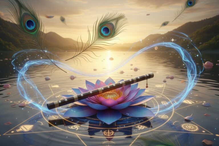 Mystical lotus floating on tranquil waters with a radiant flute and swirling blue energy—symbolizing the divine serenity and poetic essence of Krishna Ashtakam. in hindi"