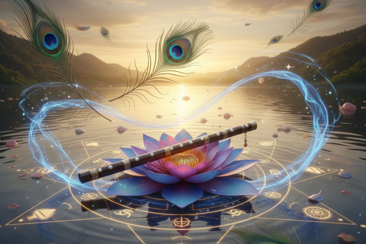 Mystical lotus floating on tranquil waters with a radiant flute and swirling blue energy—symbolizing the divine serenity and poetic essence of Krishna Ashtakam. in hindi"