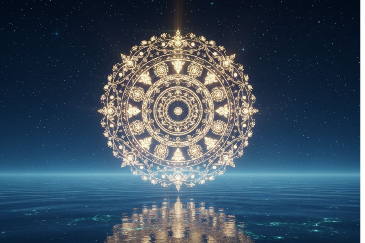 Glowing mandala above reflective water under a starry sky—symbolizing cosmic harmony and spiritual depth evoked by Sri Hari Stotra in Hindi.