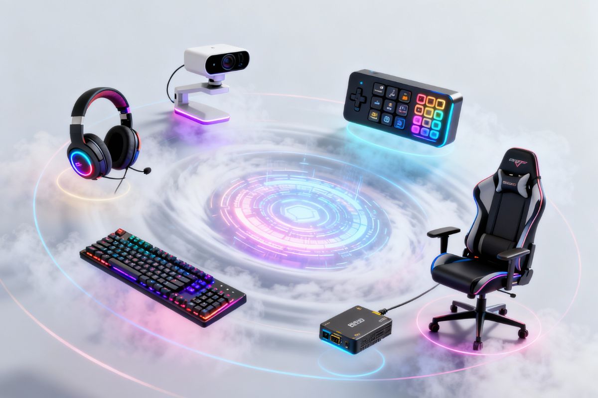Must have gaming accessories in a sleek, modern layout featuring keyboard, mouse, headset, and console on a white surface with swirling holographic light.