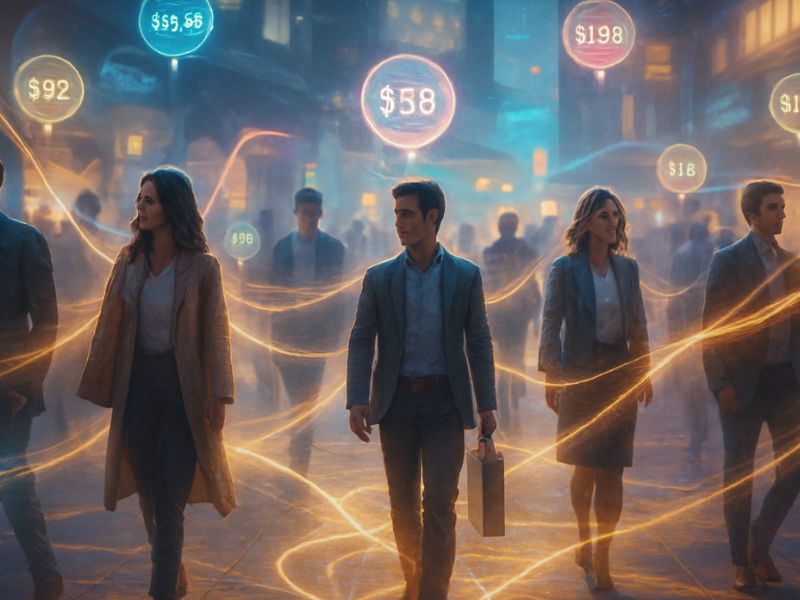“Businesspeople navigate a futuristic cityscape filled with floating data icons—illustrating real-time decision-making and customer insights enabled by Salesforce AI Features.”