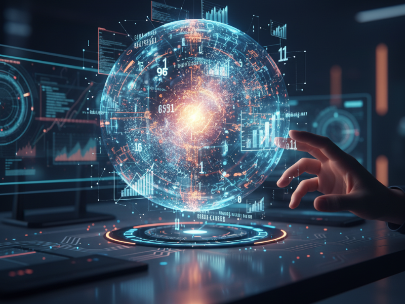 “A hand engages with a glowing holographic globe surrounded by digital data—symbolizing the predictive analytics and visualization power of Salesforce AI Features.”