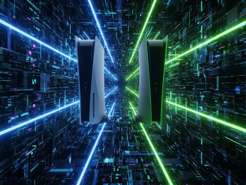PS5 vs Xbox Series X in a neon-lit digital arena showcasing advanced console technology and sleek design.