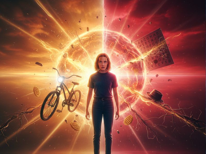 Stranger Things Season 5 Netflix visual showing a lone figure between two realms — one glowing red with floating objects and a bicycle, the other glowing orange with futuristic energy, symbolizing the final transition between realities.