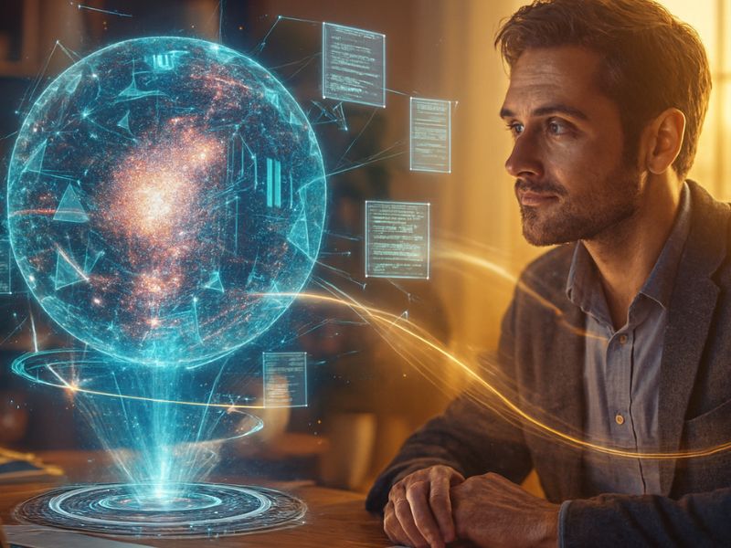 A researcher engages with a glowing holographic globe displaying data streams—symbolizing elicit AI research in action, where insights are visualized in real time.”