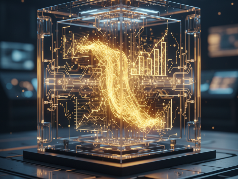 “A swirling golden energy form suspended in a digital cube—representing the dynamic processing and automation capabilities within Salesforce AI Features.”