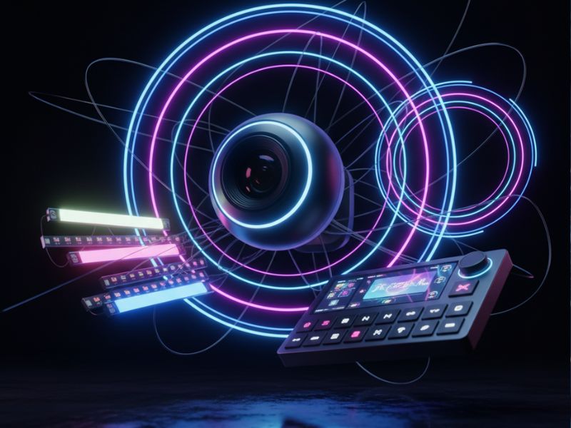 Must have gaming accessories including a mechanical keyboard and speaker radiating neon sound waves, emphasizing audio precision and tactile control.