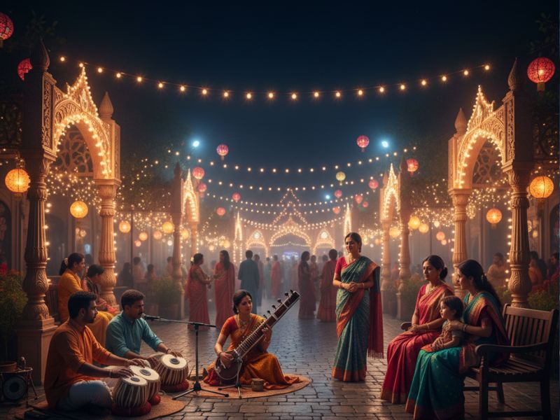 Courtyard musical performance during a photogenic Indian festival with traditional instruments and attire