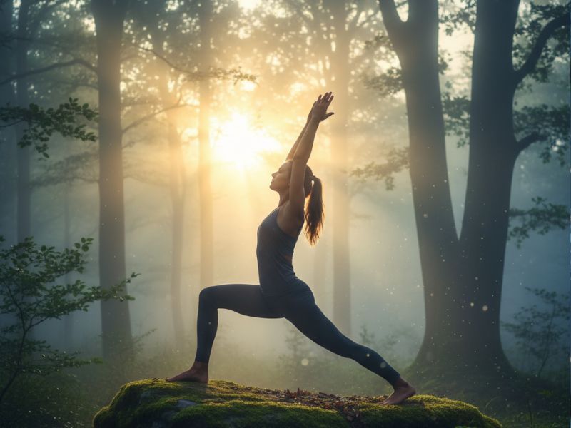 A person in warrior pose practicing yoga in a sunlit forest—embodying morning motivation through movement, mindfulness, and connection with nature.