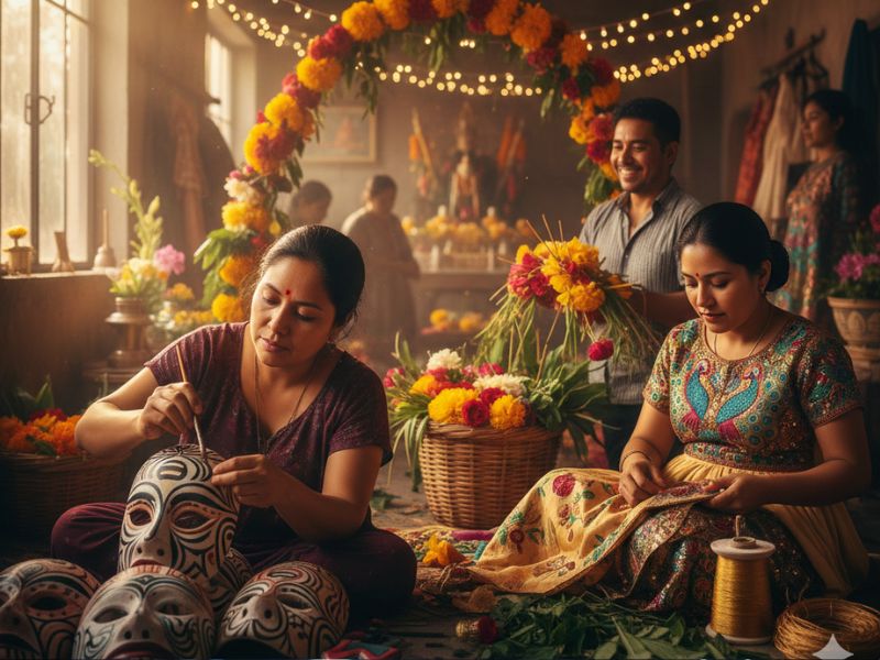 Women preparing offerings and decorations for a photogenic Indian festival with fruits and flowers – A serene moment of ritual preparation, filled with vibrant textures and festive symbolism.