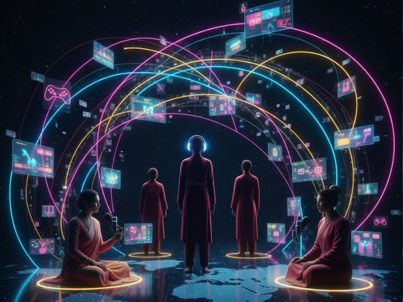 Must have gaming accessories in a digital archway of screens and neon trails, showcasing multiplayer interaction and virtual collaboration tools.