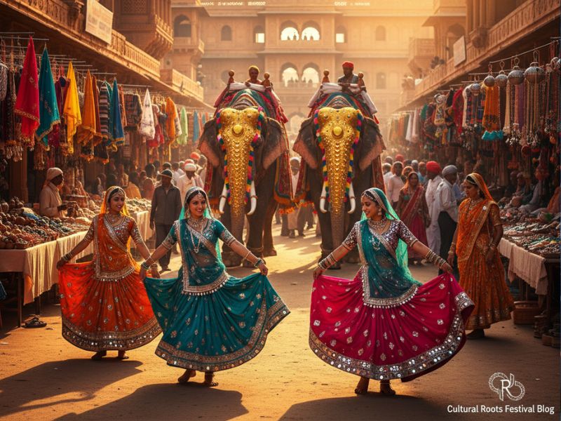 Marketplace dancers and elephants in ceremonial attire at a photogenic Indian festival – A bustling bazaar scene with dancers and decorated elephants, blending tradition and celebration.