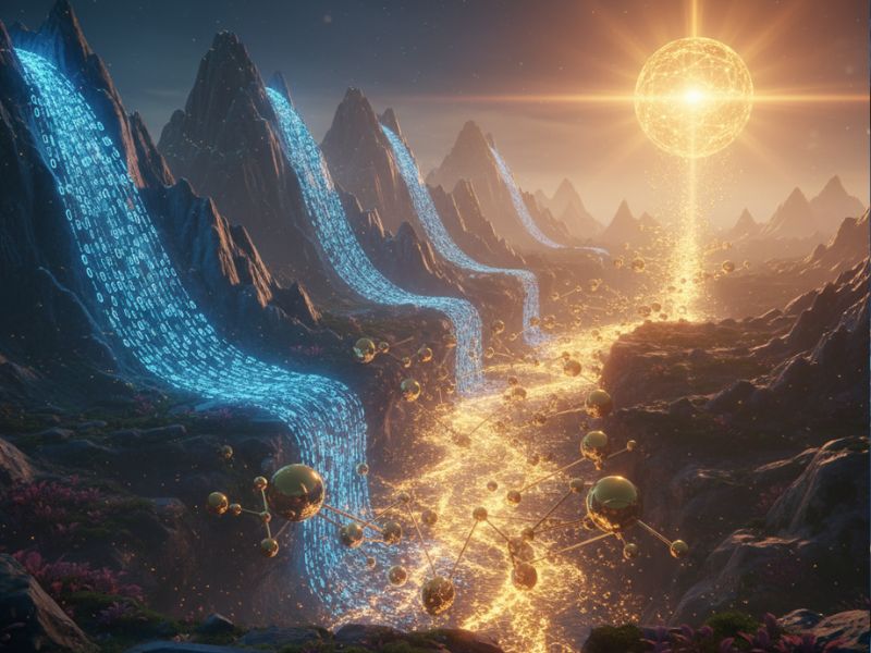 A surreal landscape of jagged mountains and glowing rivers of light under a radiant sun—representing the transformative power and scalability of enterprise AI software in dynamic environments