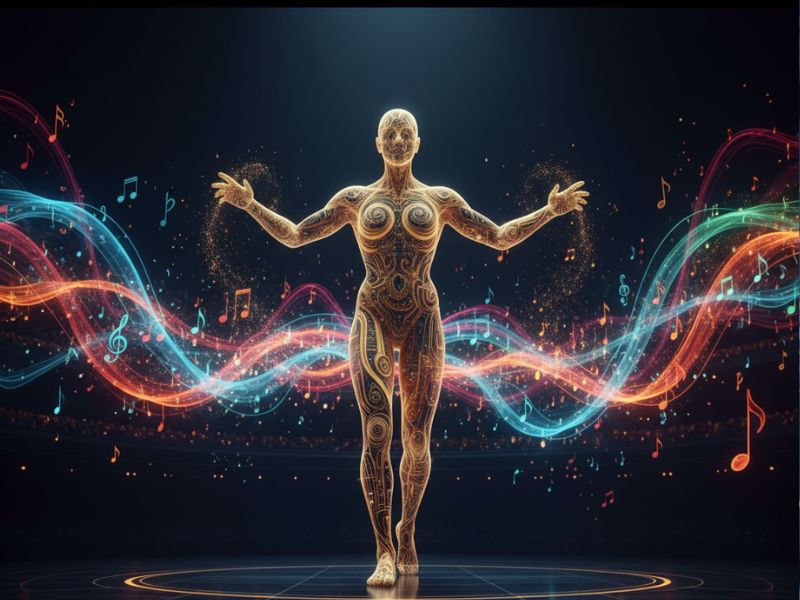 A human figure standing with arms outstretched, surrounded by swirling energy waves and glowing particles—symbolizing the immersive power and emotional resonance of an AI sound generator transforming human expression into digital harmony.