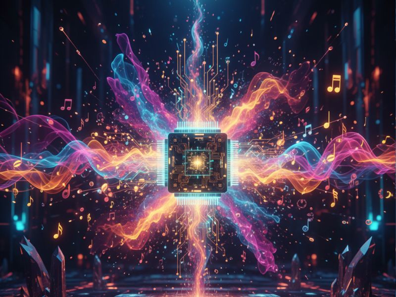 A central microchip radiating vibrant, multicolored energy waves in a dark, data-rich background—representing the core processing power and dynamic output of an AI sound generator in action.