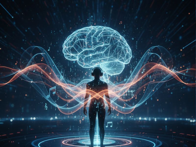 A person facing a glowing digital brain surrounded by swirling energy—illustrating the neural intelligence and creative potential of AI sound generator technology bridging human thought and sound design.