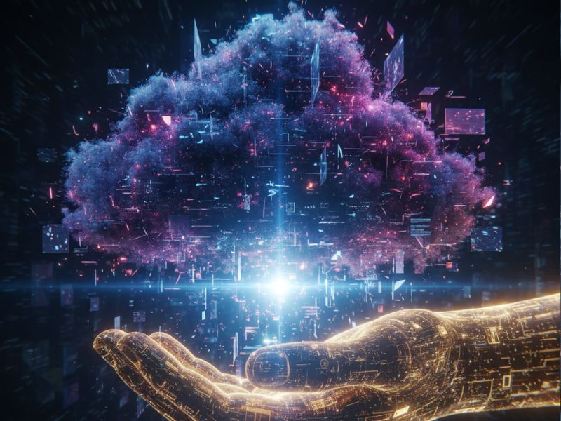 A glowing hand holding a digital cloud surrounded by data streams and network nodes—symbolizing the cloud integration and real-time data orchestration capabilities of AI DevOps tools.