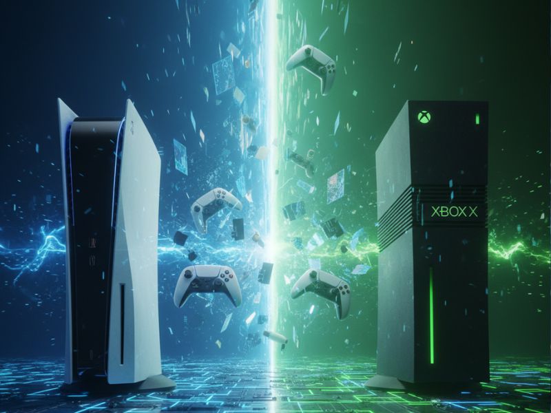 PS5 vs Xbox Series X with controllers and game characters emerging from light beams, symbolizing immersive gaming performance.