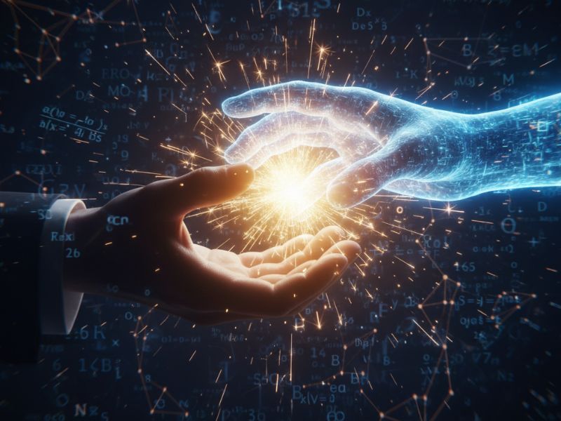 “A human hand and a digital hand connect through a burst of light—evoking the emotional and technological fusion at the heart of elicit AI research.”